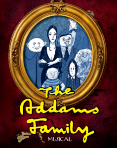 Show logo for THE ADDAMS FAMILY Musical with family cartoon by Addams