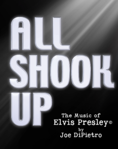Show logo for ALL SHOOK UP musical, white text on black background, with lighting shining on upper text