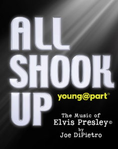 Show logo for ALL SHOOK UP junior edition musical, white text on black background, with lighting shining on upper text