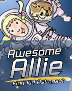 Logo for Awesome Allie First Kid Astronaut, TYA musical, cartoon depiction of kid and dog in space