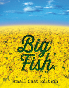 Big Fish musical Broadway logo, show title on background of daffodils