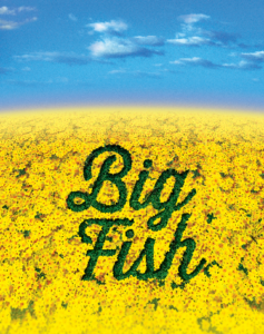 Big Fish musical Broadway logo, show title on background of daffodils