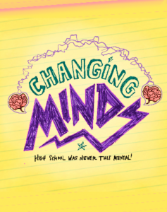 Changing Minds musical logo, written like a kid would write on notepaper in class doodle, various bright colors on yellow lined paper background