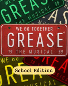 The Grease musical logo on an old license plate on a background of license plates