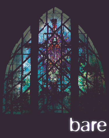 Logo for bare, the musical, stained glass church window withe Jesus and title of show