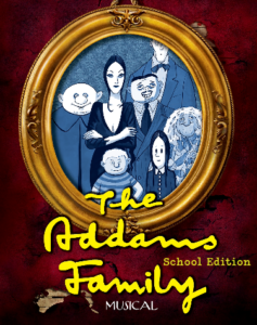 The Addams Family Musical logo with cartoon of family by Charles Addams. School Edition
