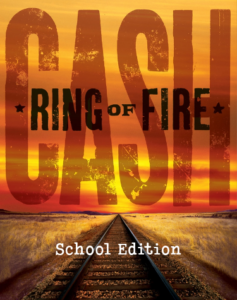 Ring of Fire Johnny Cash musical logo with sunset sky on prairie, sunset, train tracks.