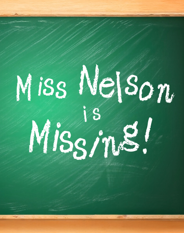 Miss Nelson is Missing musical logo, chalk font on a chalkboard green background