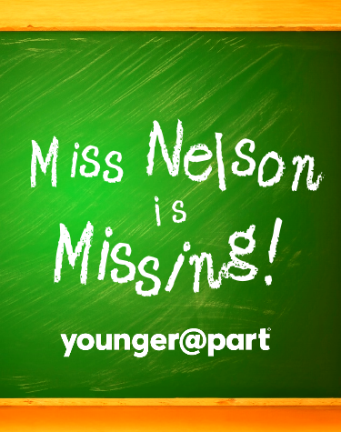 Miss Nelson is Missing musical logo, chalk font on a chalkboard green background