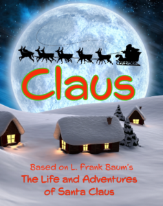 Claus musical logo, Sanat and sliegh in moonlit sky over storybook snow village