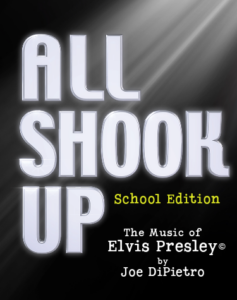 Show logo for ALL SHOOK UP school edition musical, white text on black background, with lighting shining on upper text