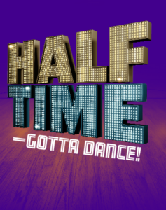 Half Time-Gotta Dance musical logo on purple background with wood floor