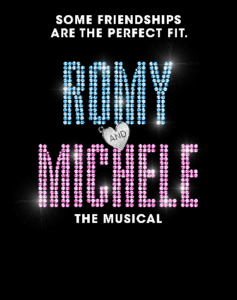 Romy and Michele musical logo, sparkling blue and pink letters on black background